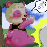  absurd_res aka_leopard animal_crossing anthro bear blush blush_lines bodily_fluids duo eyes_closed faceless_character faceless_male female female_symbol gender_symbol hi_res male male/female male_symbol mammal nintendo open_mouth pinky_(animal_crossing) sexuality_symbol sitting sweat symbol tail tail_motion tailwag waving_hand 
