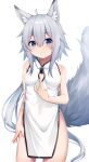  1girl animal_ear_fluff animal_ears bare_shoulders blue_eyes blue_gemstone blue_hair breasts brooch cleavage_cutout clothing_cutout collared_dress dress fox_ears fox_girl fox_tail gem grey_hair hand_on_own_chest highres jewelry light_blue_hair long_hair looking_at_viewer medium_breasts original pelvic_curtain sakuma_hiragi short_hair_with_long_locks simple_background sleeveless sleeveless_dress smile tail very_long_hair white_background white_dress 