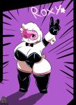  anthro big_breasts bow_tie breasts clothed clothing eyewear female fur goggles hi_res lagomorph leporid mammal rabbit roxy_(senorkah) short_stack smile solo suit text tuffthecat white_body white_fur 