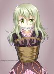  1girl absurdres aregian bdsm blonde_hair bondage bound cleave_gag cloth_gag dress elize_lutus gag gagged green_eyes highres improvised_gag long_hair looking_at_viewer pink_dress rope solo tales_of_(series) tales_of_xillia 
