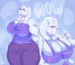  &lt;3 anthro big_breasts boss_monster bottomwear bovid breasts caprine cleavage clothed clothing curvy_figure darkriallet denim denim_clothing eyebrows female fingers floppy_ears fur hi_res horn huge_breasts jeans long_ears looking_at_viewer mammal mature_anthro mature_female pants pawpads shirt solo standing tank_top text thick_thighs topwear toriel undertale undertale_(series) voluptuous white_body white_fur wide_hips 