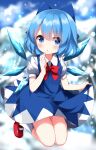  1girl blue_bow blue_dress blue_eyes blue_hair blush bow cirno collared_shirt detached_wings dress fairy full_body hair_between_eyes hair_bow highres ice ice_wings looking_at_viewer parted_lips pinafore_dress puffy_short_sleeves puffy_sleeves red_footwear ruu_(tksymkw) shirt shoes short_hair short_sleeves sleeveless sleeveless_dress socks solo touhou white_shirt white_socks wings 