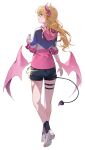  1girl absurdres blonde_hair blue_eyes commission demon_girl demon_horns demon_tail from_behind highres hood hood_down hoodie horns long_hair looking_back low_wings original pink_horns pixiv_commission short_shorts shorts solo sssong_aa tail thigh_strap white_background wings 