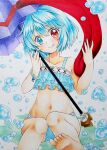  1girl barefoot bikini blue_bikini blue_eyes blue_hair bubble closed_mouth commentary frilled_bikini frills heterochromia holding holding_umbrella karakasa_obake marker_(medium) mochizuki_masora navel purple_umbrella red_eyes short_hair smile solo swimsuit tatara_kogasa tongue touhou traditional_media umbrella 