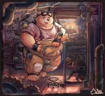  2023 anthro bear belly big_belly clothed clothing detailed_background hi_res inside kemono male mammal overweight overweight_male shirt solo suspenders topwear yuyuitudou 