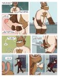 anthro antlers bathroom beard body_hair brown_arms bulge canid canine canis capreoline caught caught_masturbating chest_hair chest_tuft clothed clothing comic deer dialogue eyewear facial_hair genitals glasses happy_trail hi_res hooves horn male mammal masturbation meme moose nardodraws nipples nope nude solo speech_bubble tail tail_tuft tuft white_body wolf 