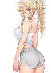  1girl ass blonde_hair camisole cowboy_shot dolphin_shorts grey_shorts highres long_hair looking_at_viewer matsuda_(matsukichi) messy_hair original ponytail short_shorts shorts simple_background smile solo spaghetti_strap standing white_background 