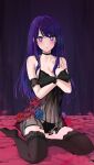  1girl absurdres babydoll black_babydoll black_choker breasts choker feint721 highres hoshino_ai_(oshi_no_ko) long_hair looking_at_viewer medium_breasts oshi_no_ko purple_eyes purple_hair see-through sitting solo symbol-shaped_pupils thighhighs thighs 