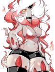  1girl black_choker black_shorts black_thighhighs breasts choker colored_sclera cowboy_shot fiery_hair fire hand_on_own_hip hisuian_zoroark large_breasts looking_at_viewer navel open_mouth pokemon pokemon_(creature) red_eyes shorts simple_background skindentation snout solo standing thick_thighs thighhighs thighs usa37107692 wavy_hair white_background yellow_sclera 