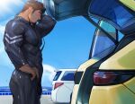  1boy bara black_bodysuit black_hair bodysuit car cloud covered_abs covered_nipples day facial_hair ground_vehicle hand_on_own_hip highres large_pectorals male_focus motor_vehicle muscular muscular_male original outdoors pectorals short_hair sky solo tarutoru wet wet_clothes 
