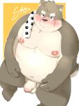  3:4 5_fingers 5_toes absurd_res anthro balls blush canid canine canis clothing domestic_dog embarrassed erection eyebrows feet fingers genitals hi_res kayashima_soru looking_at_viewer male mammal moobs moritaka navel nipples nude overweight overweight_male penis scar solo tail toes towel 