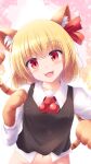  1girl :3 animal_ears animal_hands black_vest blonde_hair blush breasts cat_ears cat_tail collared_shirt commentary_request fangs hair_ribbon highres kemonomimi_mode long_sleeves looking_at_viewer lzh medium_bangs navel no_panties open_mouth paid_reward_available red_eyes red_ribbon ribbon rumia shirt short_hair small_breasts smile solo tail touhou upper_body vest whiskers white_shirt 