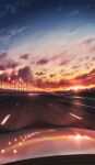  absurdres car cloud commentary_request evening guard_rail headlight highres lamppost meteor_shower motor_vehicle no_humans original outdoors pasoputi pov road scenery shadow sky solo star_(sky) starry_sky sunset 