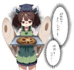  1girl :| animal_on_head apron blade blue_skirt brown_hair cat character_request chocolate_chip_cookie closed_mouth commentary_request cookie cookie_clicker copyright_request cowboy_shot datemegane edamame_(food) food gloom_(expression) green_apron headgear holding holding_tray japanese_clothes jitome kimono kiritanpo_(food) long_sleeves looking_at_food looking_down on_head oversized_food oversized_object pleated_skirt red_eyes short_twintails skirt solo thinking touhoku_kiritan translation_request tray twintails voiceroid white_kimono wide_sleeves 