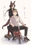  1boy 1girl animal_ears black_jacket brown_hair collared_shirt ear_ornament hair_over_one_eye highres hiyo_(2016.10) horse_ears horse_girl horse_tail jacket shirt short_hair tail trainer_(umamusume) tricycle umamusume vodka_(umamusume) white_shirt yellow_shirt 