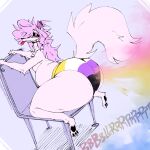  2023 anthro arctic_fox big_butt butt canid canine chair clothing colored ear_piercing fart fart_cloud fart_fetish fox fur furniture hair hi_res kneeling lavender_lily lgbt_pride long_hair male mammal michael_(lavender_lily) mostly_nude nonbinary_(lore) onomatopoeia overweight overweight_anthro overweight_male pawpads piercing pride_color_clothing pride_colors simple_background solo sound_effects text thick_thighs tongue tongue_out wide_hips 