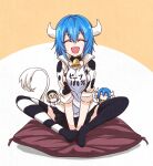  1girl absurdres animal_print bell black_thighhighs blue_hair blush breasts cow_girl cow_horns cow_print cow_tail cowbell doll fang full_body highres horns jacket jashin-chan_dropkick large_breasts minos_(jashin-chan_dropkick) neck_bell open_mouth pekora_(jashin-chan_dropkick) print_jacket short_hair smile solo striped striped_thighhighs tail thighhighs track_jacket yuuki_shushu 
