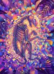  abstract charongess commentary crystal english_commentary from_side full_body highres leaf looking_at_viewer no_humans open_mouth original purple_theme signature skeleton skeleton_cat teeth 