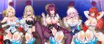  5boys 5girls absurdres armpits arms_up black_thighhighs blonde_hair blue_eyes blush breasts censored cleavage closed_mouth cocolia_(honkai_impact) dark-skinned_male dark_skin feet hands_up highres himeko_(honkai:_star_rail) honkai:_star_rail honkai_(series) hypnosis kafka_(honkai:_star_rail) large_breasts long_sleeves march_7th_(honkai:_star_rail) mind_control multiple_boys multiple_girls nez-box nipples open_mouth orange_eyes pantyhose purple_eyes purple_hair purple_pantyhose red_hair serval_landau smile thighhighs thighs tongue tongue_out 