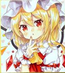  1girl ascot blonde_hair blush commentary_request crystal flandre_scarlet frilled_shirt_collar frills hand_to_own_mouth hand_up hat heart heart_background highres looking_at_viewer medium_hair mimi_(mimi_puru) mob_cap nail_polish parted_lips pointy_ears puffy_short_sleeves puffy_sleeves red_eyes red_nails shikishi short_sleeves simple_background solo touhou traditional_media upper_body wings yellow_ascot 