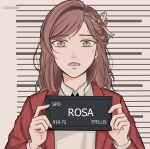  1girl :o absurdres artist_name barbie_mugshot_(meme) bow brown_hair character_name english_commentary green_eyes hair_bow highres holding jacket lilasmari long_hair long_sleeves looking_at_viewer meme mugshot open_mouth red_jacket rosa_(tears_of_themis) solo sweat tears_of_themis upper_body 