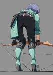  1girl ass automatic_giraffe black_gloves black_pants boots bow_(weapon) commentary english_commentary fire_emblem fire_emblem:_three_houses from_behind gloves green_footwear grey_background high_heel_boots high_heels highres holding holding_bow_(weapon) holding_weapon pants purple_hair shamir_nevrand short_hair simple_background sleeves_rolled_up solo weapon 