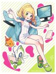  1girl bare_arms bare_legs blonde_hair blush border brigette_(pokemon) brigette_(pokemon)_(cosplay) celebi commentary_request cosplay cup dress eyelashes full_body green_eyes green_footwear highres keyboard_(computer) kinocopro knees lillie_(pokemon) long_hair monitor mug open_mouth pokemon pokemon_(creature) pokemon_(game) pokemon_bank pokemon_sm ponytail shoes sleeveless smile sweater sweater_dress twitter_username watermark white_border 