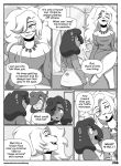  anthro big_breasts breasts cleavage clothed clothing comic cricetid crossed_legs dress duo ear_piercing english_text felid female hair hair_over_eye hamster hi_res lion mammal monochrome nimzy noms_(nimzy) one_eye_obstructed pantherine piercing rodent short_tail tail text toiya_crimson 