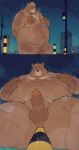  2023 absurd_res anal anal_masturbation anthro bear belly big_belly brown_body clothing coat detailed_background eyes_closed genitals hi_res humanoid_genitalia humanoid_hands humanoid_penis improvised_sex_toy kemono male mammal masturbation moobs night nipples outside overweight overweight_male penis quanjiang raincoat raining solo topwear translucent_raincoat 