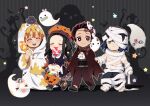  1girl 3boys agatsuma_zenitsu black_dress black_hair black_shirt blonde_hair blush boar boots braid brown_cape brown_pants candy cape cat_mask chibi chuntarou_(kimetsu_no_yaiba) closed_eyes dress earrings fangs food ghost green_eyes halloween halloween_costume hashibira_inosuke hat highres holding holding_candy holding_food hood hood_up jack-o&#039;-lantern jewelry kamado_nezuko kamado_tanjirou kimetsu_no_yaiba lollipop long_hair long_sleeves mask mask_on_head multicolored_hair multiple_boys mummy mummy_costume muscular muscular_male open_mouth orange_headwear pants pantyhose pori_(kmt_pori) pumpkin_hat red_eyes red_hair scar scar_on_face shirt short_hair star_(symbol) vampire white_hood 