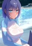  1girl absurdres blue_archive blue_eyes blue_headwear blush breasts closed_mouth headwear_removed highres holding illust_ruta looking_at_viewer midriff ocean official_alternate_costume purple_hair saki_(blue_archive) saki_(swimsuit)_(blue_archive) see-through shirt short_hair swimsuit water_drop wet wet_clothes wet_hair wet_shirt 