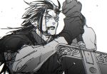  1boy armor black_gloves black_hair blood blood_on_face blue_eyes buster_sword crisis_core_final_fantasy_vii final_fantasy final_fantasy_vii gloves hair_slicked_back highres holding holding_sword holding_weapon inuue15 long_hair male_focus parted_lips shoulder_armor sketch solo spot_color sword upper_body weapon white_background zack_fair 