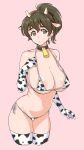  1girl absurdres animal_ears animal_print bell bikini breasts brown_eyes brown_hair cow_ears cow_horns cow_print cowbell elbow_gloves fake_animal_ears fake_horns girls_und_panzer gloves highres horns koyama_yuzu kuppipi_ramutarou large_areolae large_breasts looking_at_viewer medium_hair micro_bikini navel neck_bell open_mouth pink_background ponytail print_bikini side-tie_bikini_bottom simple_background solo swimsuit thighhighs 
