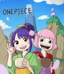  2girls absurdres cloud hair_ornament highres japanese_clothes kimono looking_at_viewer multiple_girls oddman1234 one_piece open_mouth pink_hair purple_hair short_hair smile tama_(one_piece) toko_(one_piece) 