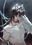  1boy abs animal_collar animal_ears bandages black_hair collar collarbone dark_background eyeshadow grey_background hair_between_eyes hand_on_own_face highres long_hair lrctywub2gcelwl makeup male_focus multicolored_hair muzzle nijisanji nijisanji_en nipples pectorals red_collar red_eyeshadow red_hair scar simple_background solo stitches streaked_hair teeth topless_male tube upper_body virtual_youtuber vox_akuma werewolf wolf_ears yellow_eyes 