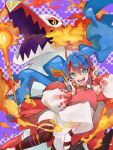  1girl absurdres aqua_eyes baggy_clothes blue_hair bossan_3310 crossover fire fire_bird_(skeledirge) gloves hatsune_miku highres long_hair looking_at_viewer midriff_peek official_alternate_costume open_mouth pokemon pokemon_(creature) project_voltage puffy_sleeves red_shirt shirt skeledirge teeth twintails two-tone_shirt upper_teeth_only very_long_hair vocaloid white_gloves white_shirt 