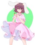  1girl :p animal_ears bloomers brown_hair carrot_necklace commentary_request dot_nose dress feet_out_of_frame floppy_ears green_background hand_up highres inaba_tewi jewelry legs_apart light_blush looking_at_viewer necklace petite pink_dress puffy_short_sleeves puffy_sleeves rabbit_ears red_eyes short_hair short_sleeves simple_background solo standing steepled_fingers tongue tongue_out touhou white_background yoihebi 