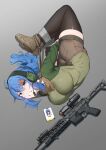  1girl absurdres ahoge ankle_boots arched_back ass bdsm black_thighhighs blue_eyes blue_hair bondage boots bound bound_arms bound_legs breasts brown_footwear brown_shorts clenched_teeth ear_protection full_body green_shirt grey_background gun hair_ornament hairclip highres id_card k0ng large_breasts long_hair looking_at_viewer lying on_side original parted_lips ponytail restrained shirt short_shorts shorts sig_sauer_mcx simple_background solo tape teeth thighhighs weapon 