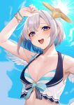 1girl absurdres amane_kanata arm_up bikini blue_bikini blue_hair blue_sky breasts cloud colored_inner_hair commentary_request facing_viewer feathered_wings grey_hair halo halterneck highres hololive layered_bikini looking_ahead mini_wings multicolored_hair open_mouth purple_pupils short_hair sky small_breasts smallpine_7 smile solo star_halo sun sweat swimsuit teeth tongue upper_body virtual_youtuber white_wings wings yellow_eyes yellow_halo 