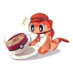  ^^^ black_eyes bright_pupils cabbie_hat coffee coffee_mug commentary_request cup full_body hat highres holding holding_plate kaminokefusa mug necktie no_humans plate poke_ball_print pokemon pokemon_(creature) red_headwear red_necktie saucer shadow solo spilling sweatdrop tatsugiri tatsugiri_(curly) white_pupils 