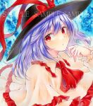  1girl alto2019 ascot black_headwear blue_hair frilled_shirt frilled_sleeves frills hat hat_ribbon long_sleeves marker_(medium) nagae_iku red_ascot red_eyes red_ribbon ribbon sample_watermark shirt solo touhou traditional_media watermark white_shirt 