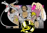 3boys black_hair blonde_hair cigar coat crocodile_(one_piece) cross cross_necklace donquixote_doflamingo dracule_mihawk facial_hair feather_coat fur_trim goatee holding holding_sword holding_weapon hook_hand jewelry looking_at_viewer male_focus multiple_boys multiple_rings muscular muscular_male mustache nabamen necklace one_piece open_clothes pink_coat purple-tinted_eyewear ring scar scar_on_face shirt short_hair sideburns smile smoking sunglasses sword teeth tinted_eyewear weapon white-framed_eyewear white_shirt yoru_(sword) 