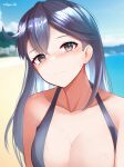  1girl absurdres beach bikini black_bikini black_hair blush breasts brown_eyes cleavage closed_mouth collarbone dangan_kurabu day hair_between_eyes highres kantai_collection large_breasts long_hair looking_at_viewer ocean outdoors solo swimsuit twitter_username upper_body ushio_(kancolle) 