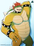  anthro bowser clothing collar countershade_torso countershading hair hand_behind_head hi_res horn jewelry koopa male mario_bros nintendo open_mouth prismanoodle_(artist) red_hair scalie shell simple_background smile solo spikes tail yellow_body 