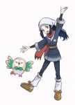  1girl :d akari_(pokemon) arm_up black_hair black_shirt commentary_request eyelashes full_body grey_eyes grey_jacket grey_skirt head_scarf highres jacket logo loose_socks nori_(hgdm2784) open_mouth pantyhose pokemon pokemon_(creature) pokemon_(game) pokemon_legends:_arceus ponytail rowlet sash shirt shoes sidelocks simple_background skirt smile socks watermark white_background white_headwear 