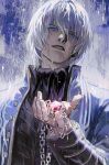  1boy amulet bishounen blue_coat blue_eyes bomiu2333 coat devil_may_cry_(series) devil_may_cry_3 hair_down highres long_hair looking_at_viewer looking_down rain solo vergil_(devil_may_cry) wet wet_hair white_hair 