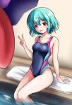  1girl black_one-piece_swimsuit blue_eyes blue_hair collarbone commentary_request heterochromia highres karakasa_obake looking_at_viewer matelia one-piece_swimsuit purple_umbrella red_eyes short_hair sitting solo swimsuit tatara_kogasa tongue touhou umbrella v wading 