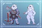  3:2 anthro armor axe bear big_breasts blue_eyes bnbigus breasts claws crossbow female fur genitals hair hi_res holding_object holding_weapon long_hair mammal melee_weapon nipples nude pinup polar_bear pose pussy ranged_weapon solo ursine weapon white_body white_fur 