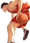  1boy back ball basketball_(object) basketball_jersey basketball_uniform brown_eyes brown_hair ear_piercing from_below gwillarmy highres holding holding_ball looking_ahead male_focus miyagi_ryouta parted_lips piercing red_shorts red_tank_top shoes short_hair shorts simple_background slam_dunk_(series) sneakers socks solo sportswear standing tank_top undercut white_background white_socks 