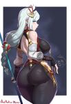  1girl absurdres aestheticc-meme ass ass_focus back black_gloves blue_eyes bodysuit braid braided_ponytail breasts clothing_cutout from_behind genshin_impact gloves grey_hair hair_ornament highres hip_vent huge_ass large_breasts long_hair looking_at_viewer looking_back shenhe_(genshin_impact) solo tassel thick_thighs thighs very_long_hair white_hair wide_hips 